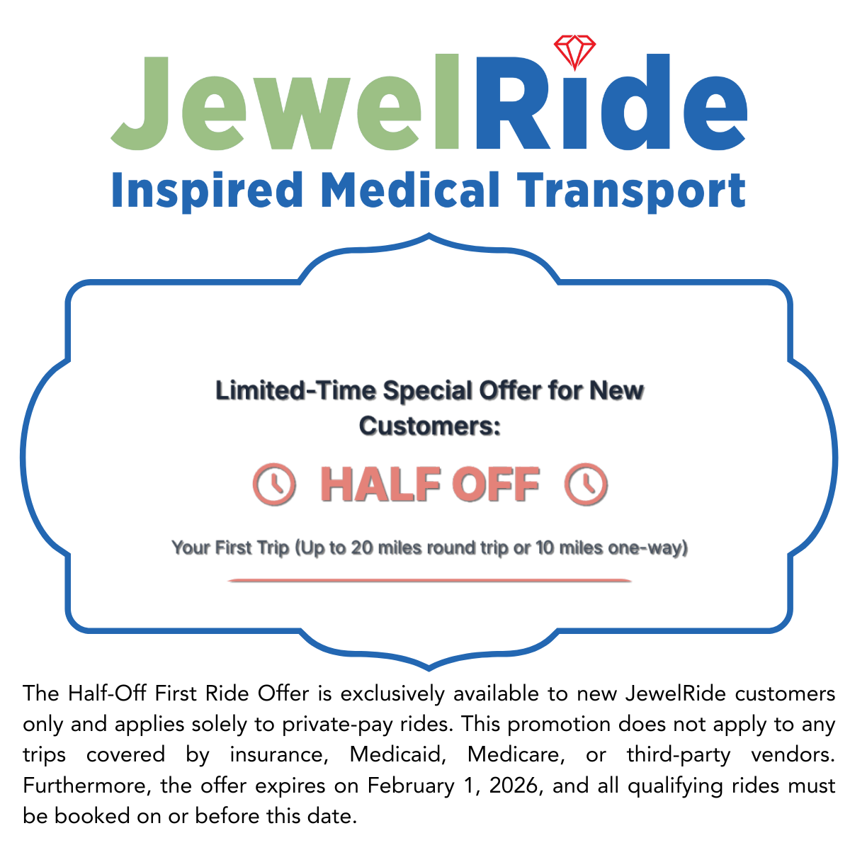 half off first time customers jewelride nemt mobility transportation provider